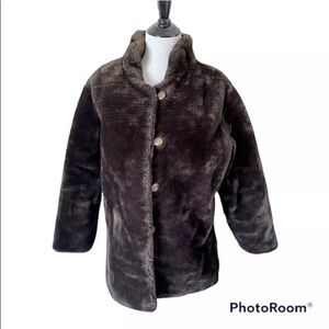 Womens Vintage Sz Large Coat Jacket Brown Plush Faux Fur Pile Teddy Button EUC